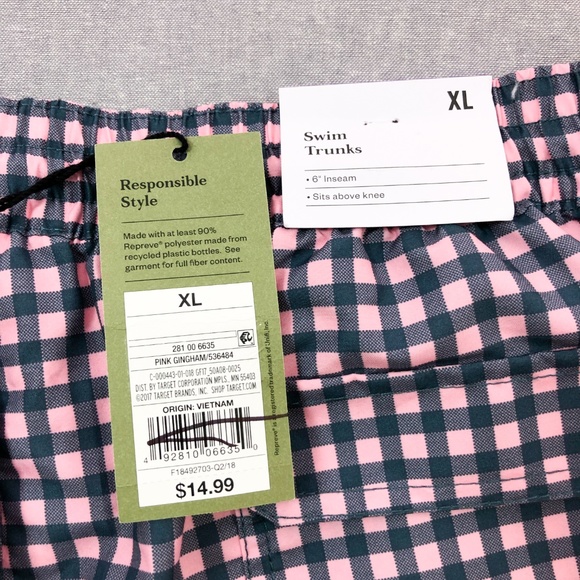 6" Pink Blue Gingham Swim Trunk M XL XXL - Picture 6 of 8